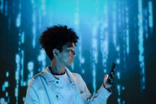 Teenager with afro hair using a smartphone against a blue digital matrix background.