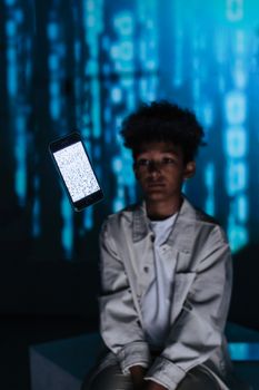 Young boy with floating phone in digital background, tech concept.