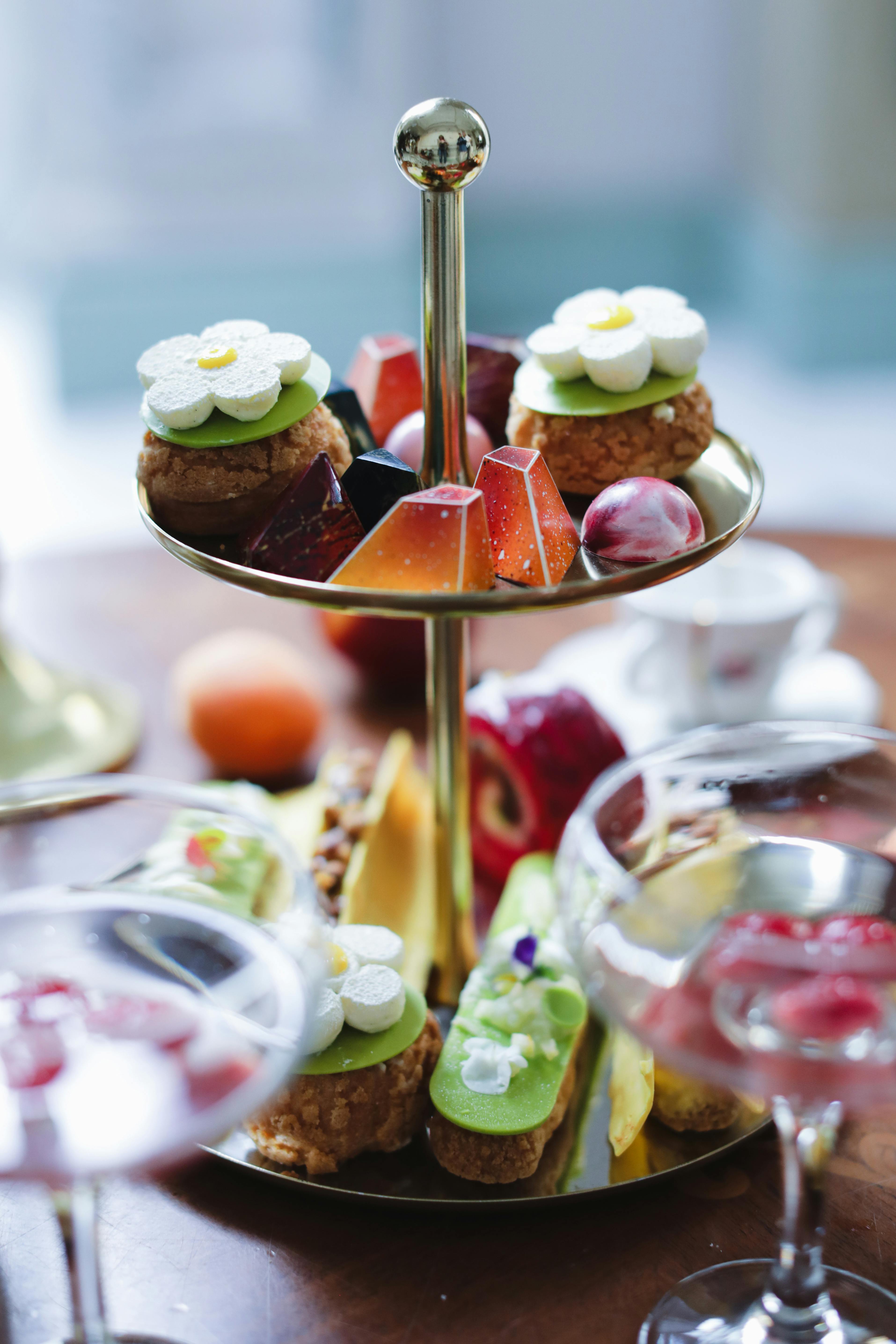 candies on golden cake stand