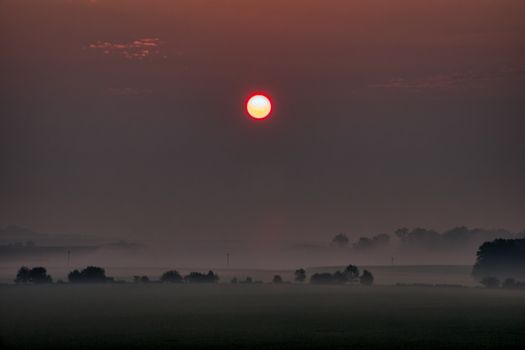 Peaceful sunrise over a fog-covered rural landscape in Minnesota, creating a tranquil scene.