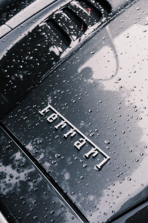 Free Detailed view of a Ferrari emblem with raindrops on a sleek surface, showcasing luxury and design. Stock Photo