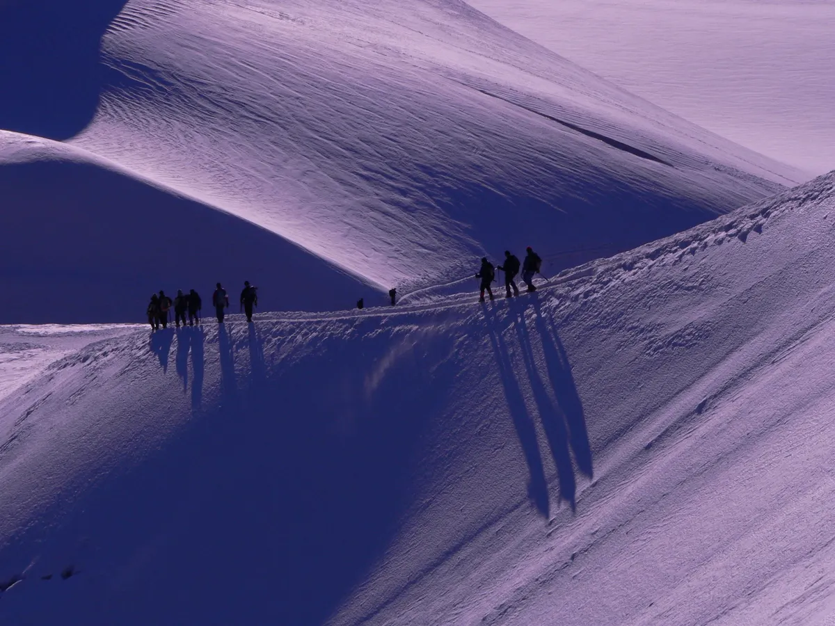 Two rope teams of mountaineers crossing the same snow ridge at different points, their long shadows falling down the slope.