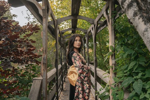 Free Woman in Black and Pink Kimono Standing on Wooden Bridge Stock Photo