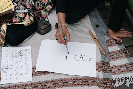 A person practicing Japanese calligraphy with a brush on a paper, depicting art and culture.