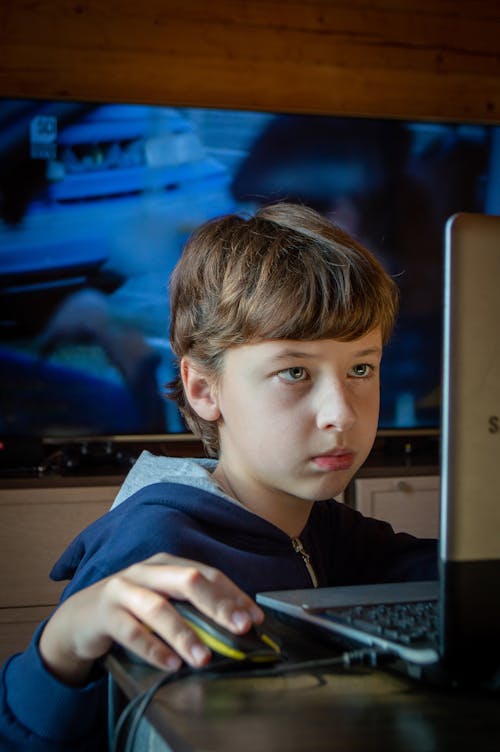 Free A Boy Using a Computer Laptop Stock Photo