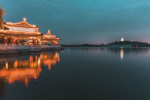 Beautiful night view of Beihai Park pavilions reflecting on the tranquil lake surface in Beijing, China.