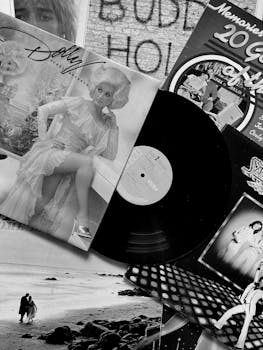 A black and white collage featuring vintage vinyl records and retro celebrity images.