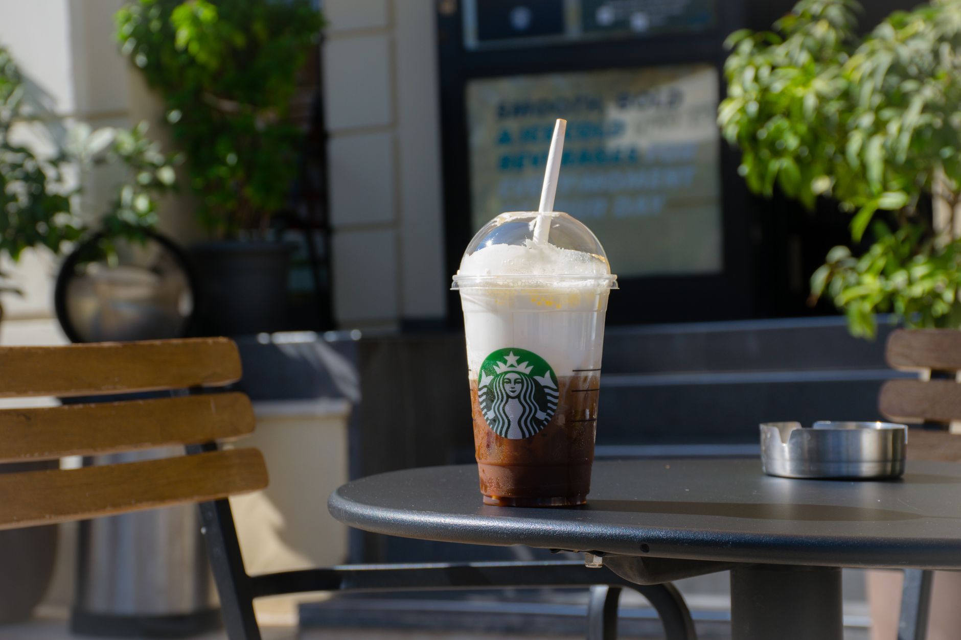 Starbucks Frappuccino topped with chocolate drizzle close-up