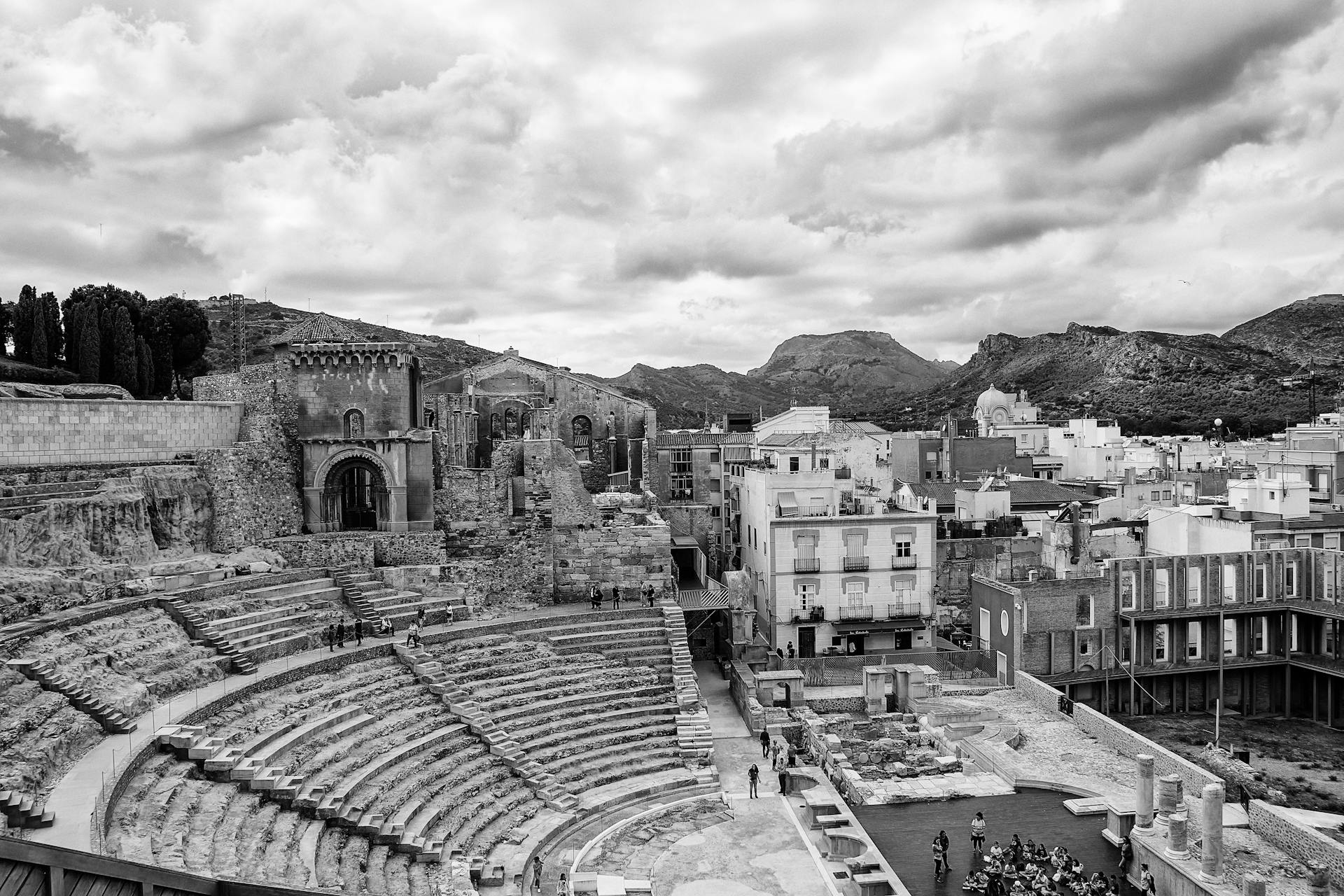 Grayscale Photo of the Roman Theatre in Cartagena