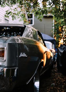 A classic Chevy Malibu parked under trees in a serene backyard setting during golden hour.