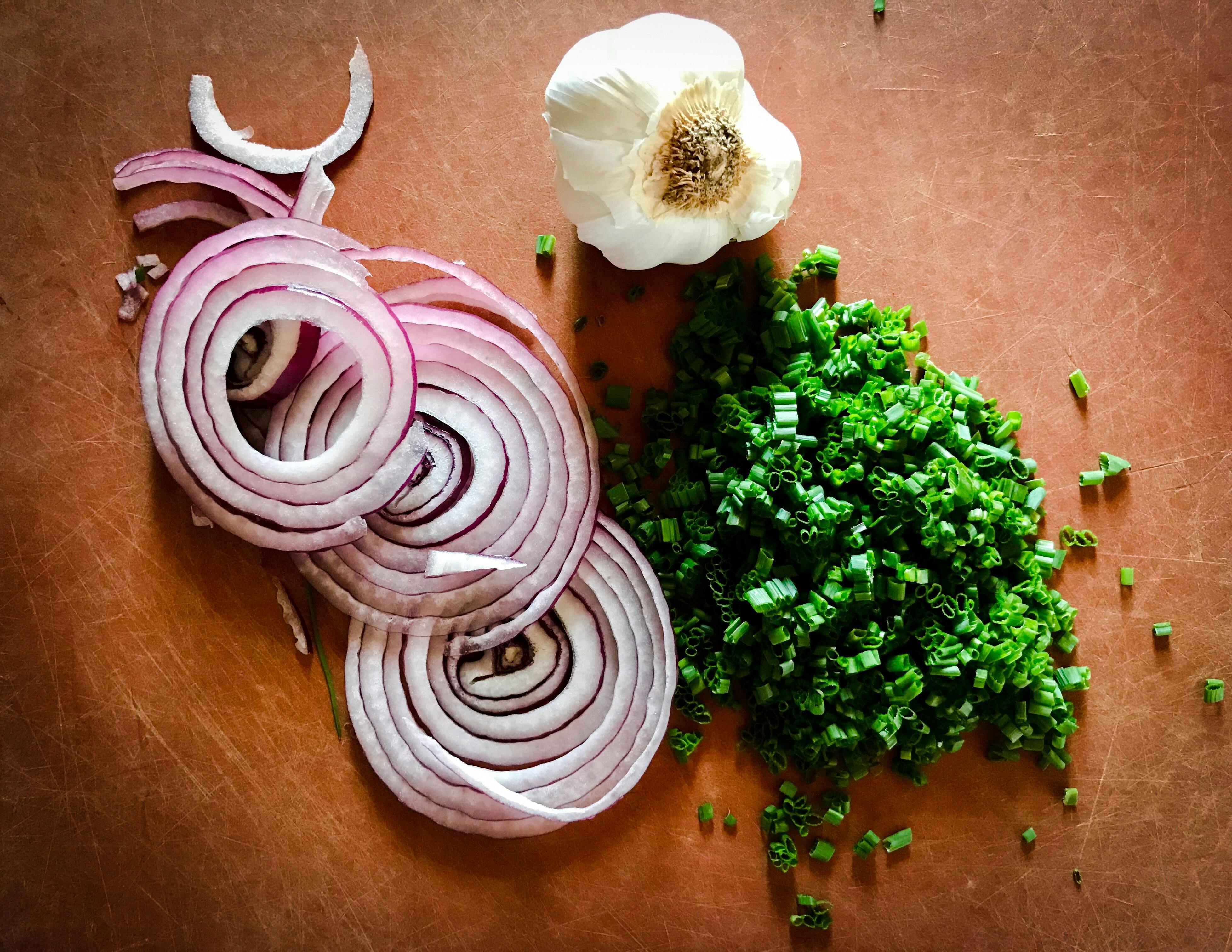 Free stock photo of chives, Chopped food, red onions