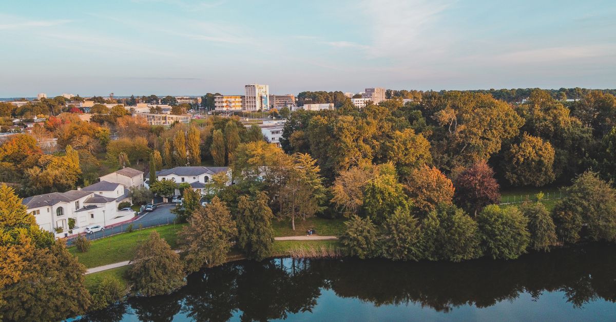 Aerial view of Bordeaux showcasing autumn colors with trees, buildings, and a tranquil river.