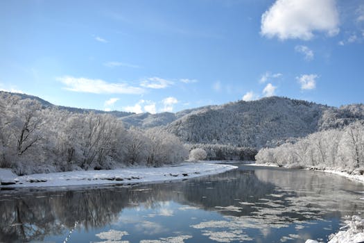 冬日晴朗的天空下，宁静的河流、雪山和霜冻的树木构成了一幅美景
