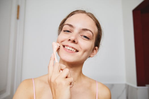 Happy woman enjoying a skincare routine using a facial massage roller indoors.