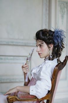 A woman in a period costume holding a hand fan while sitting elegantly indoors.