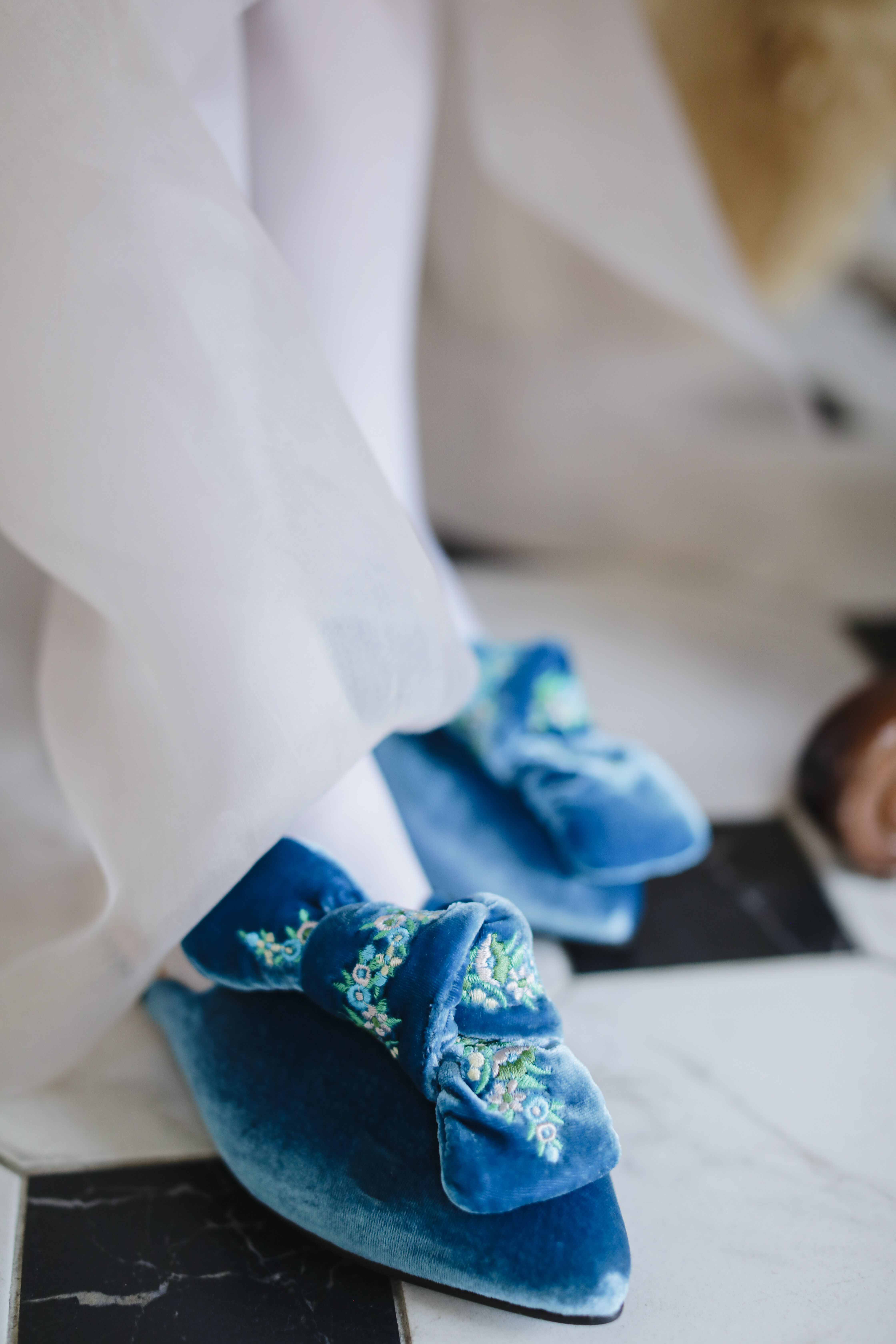 Blue Velvet Embroidered Mules