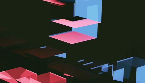Stunning abstract geometric art piece featuring bold pink and blue shapes against a dark background, created using CGI.