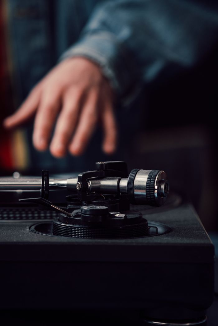 A phonograph tonearm in close-up