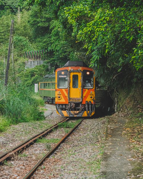 Free A vibrant train travels through a green, forested railway track, showcasing nature and transportation harmony. Stock Photo