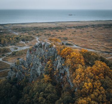 Breathtaking aerial shot of a rocky landscape with autumn foliage by the seacoast, perfect for nature lovers and travel enthusiasts.