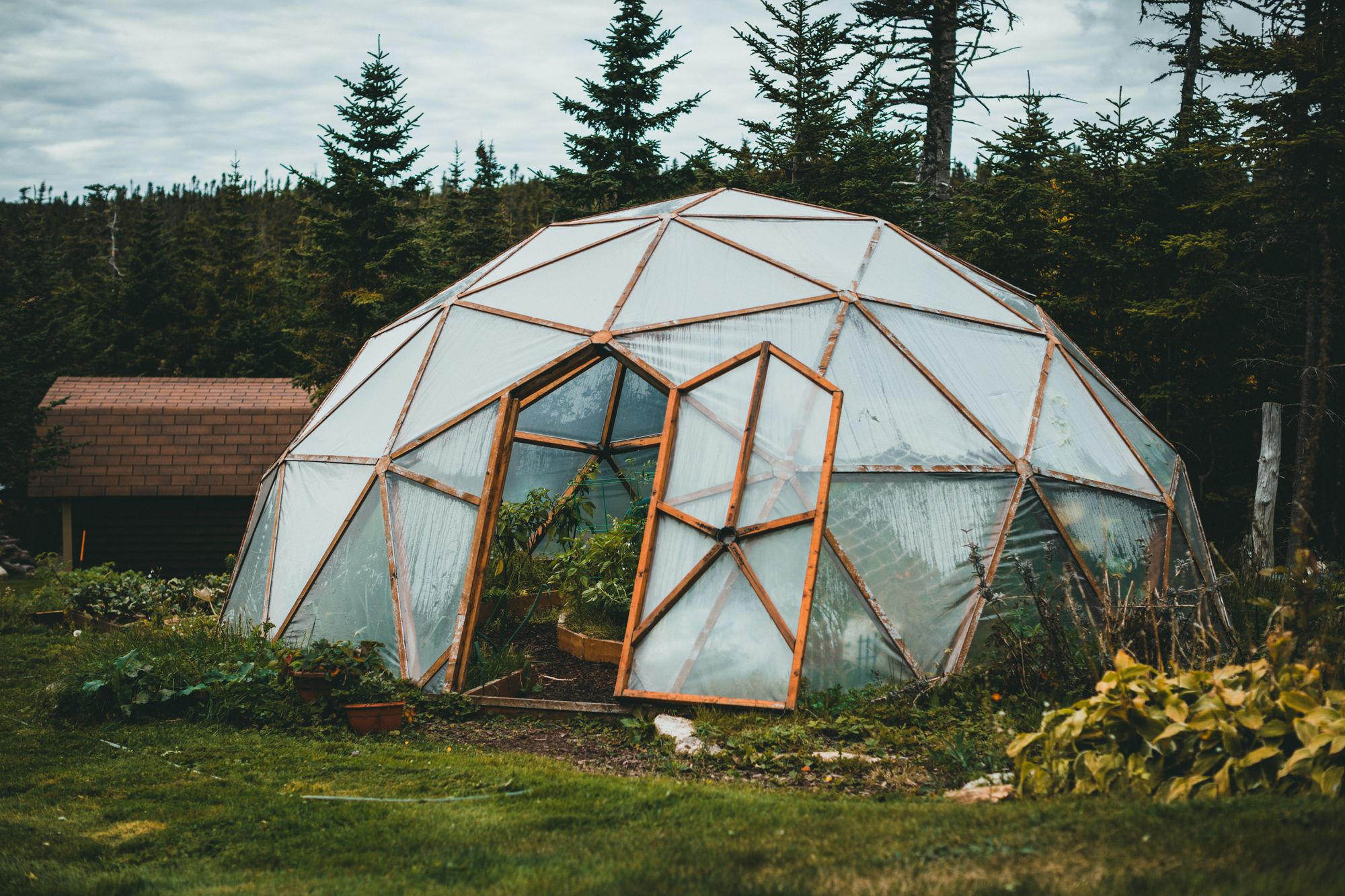 Cúpula geodésica de vidrio y estructura metálica levantada sobre un terreno desértico, con cielo despejado al fondo