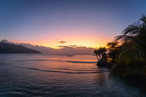 Free Serene sunset view over the Indian Ocean in Seychelles with palm trees and mountains. Stock Photo