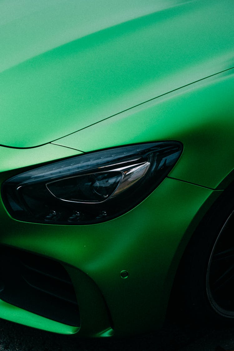 Close-Up Shot Of Green Mercedes Benz AMG Headlight