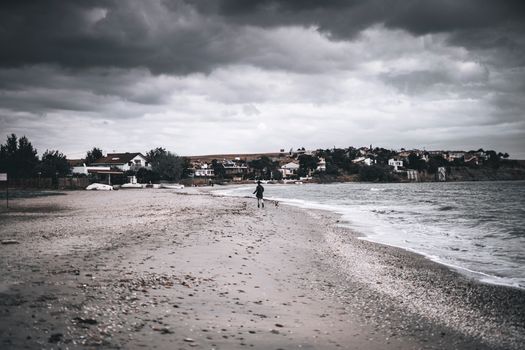A person walks their dog along a deserted beach under dark, moody clouds.