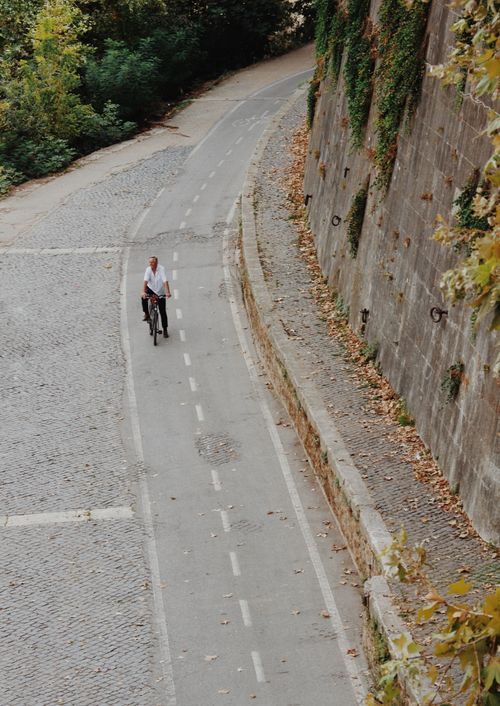 Free High-angle shot of a man cycling on a tree-lined city road. Stock Photo