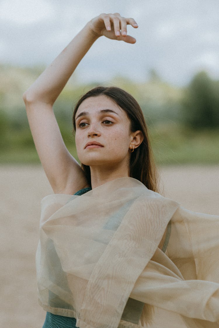 Woman Posing Wrapped In Fabric