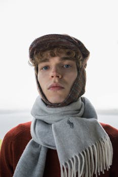 Young man in warm winter attire with hat and scarf, outdoors in Tomsk, Russia.