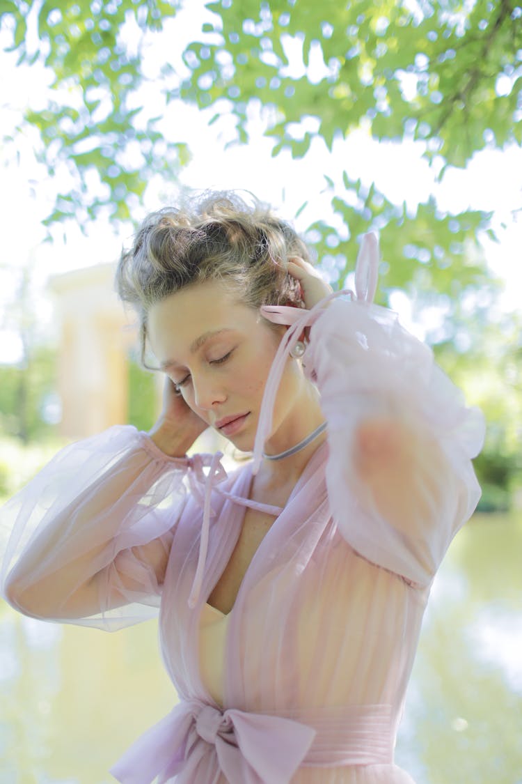 A Woman In Pink Chiffon Dress