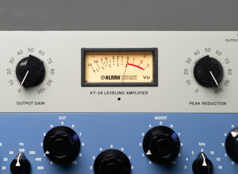 Close-up of a vintage KT-2A leveling amplifier with meter and knobs.