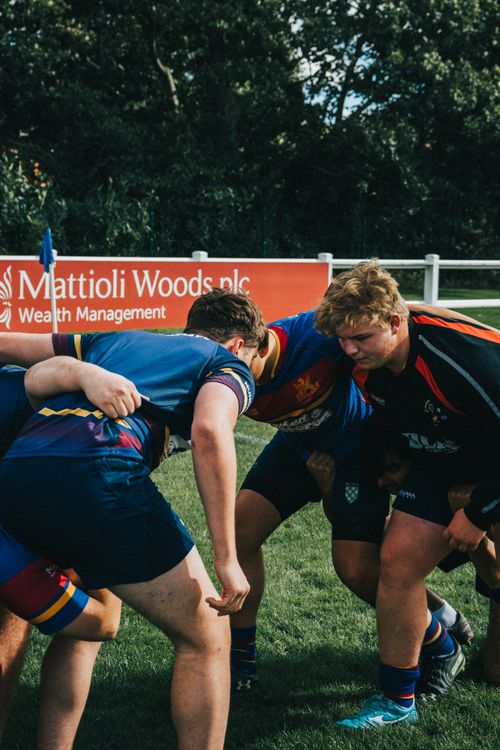 Free Players engage in a fierce rugby scrum during an outdoor match on a sunny day. Stock Photo