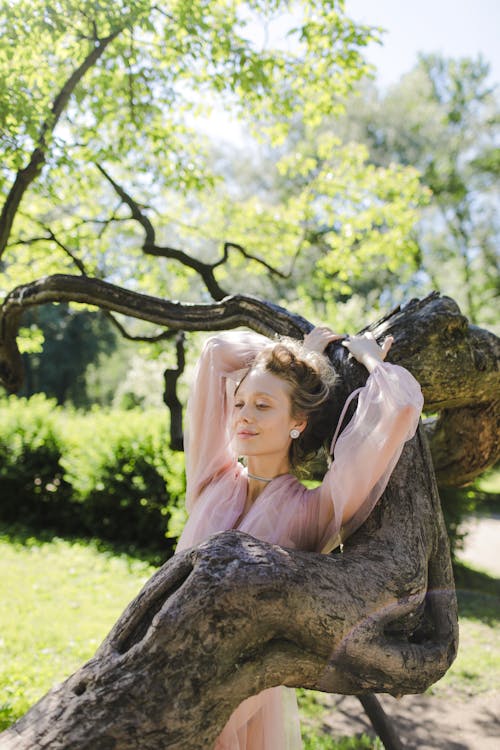 Woman in Pink Sheer Dress leaning on a Tree Branch