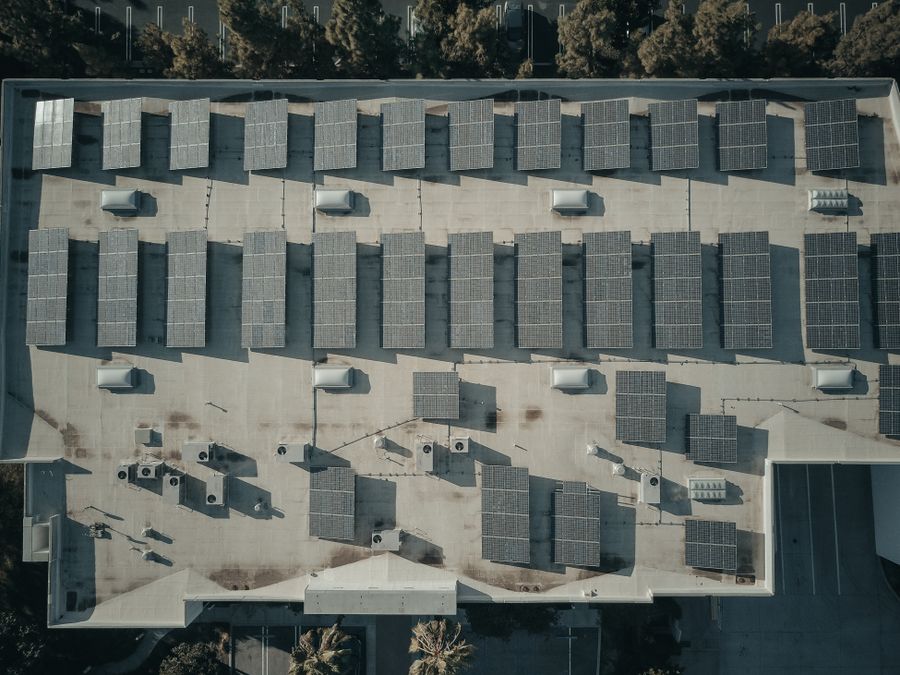 Solar panels on a warehouse or factory roof