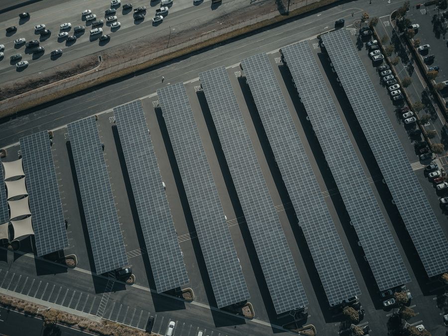 Aerial view of a large solar farm