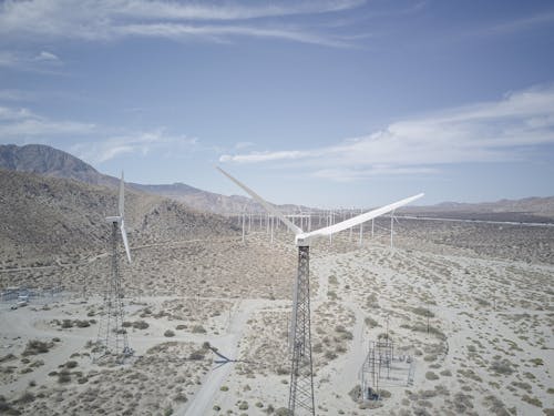 Drone Footage of Windmills on a Desert 