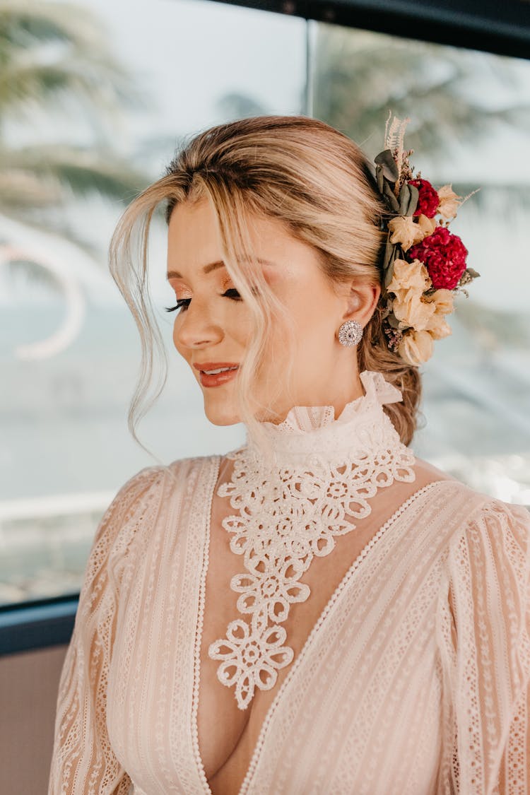 Beautiful Woman Wearing A Floral Headpiece