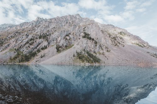 Rocky mountain ridge reflecting in blue lake