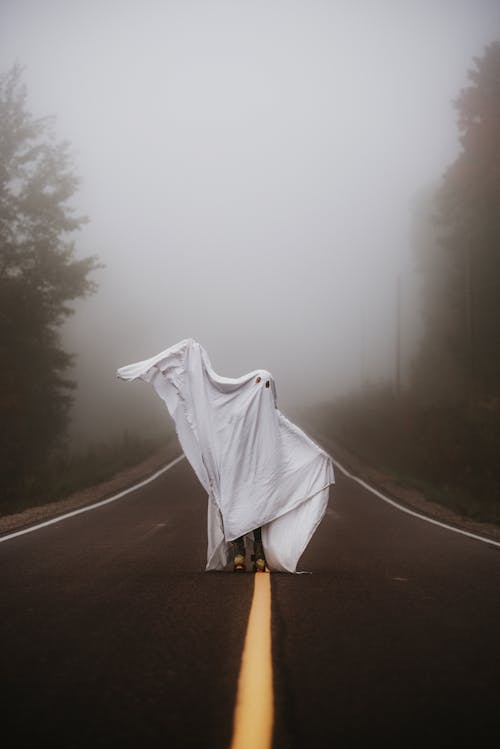 Free Person in ghost costume walking on foggy road Stock Photo