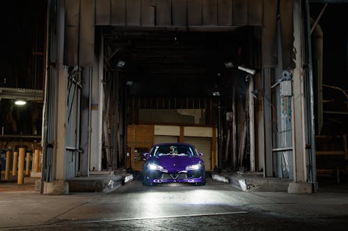 Purple Car With Illuminated Head Lights