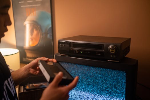 Person inserting VHS tape into video recorder with static TV in cozy room.