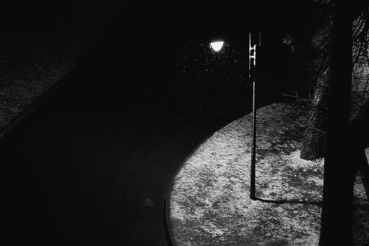 A black-and-white high-angle shot of a night street with a glowing lamppost.