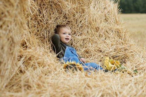 Photo of a Boy in a Denim Jumper Sitting on Hay