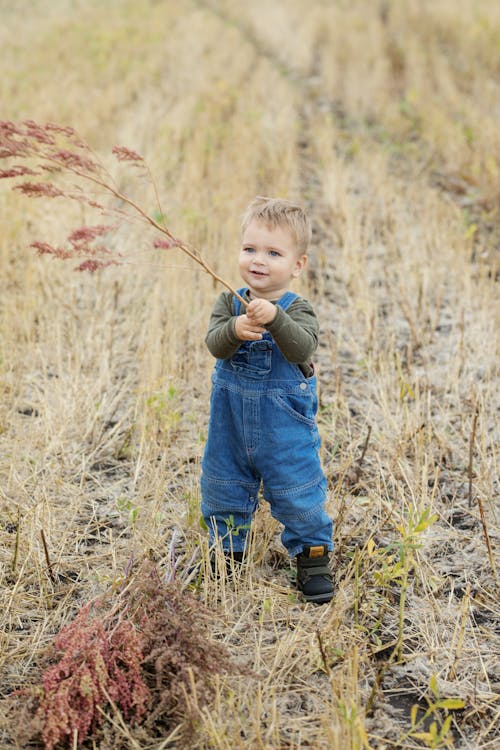 Boy in Blue Denim Jumper Standing on Brown Grass Field