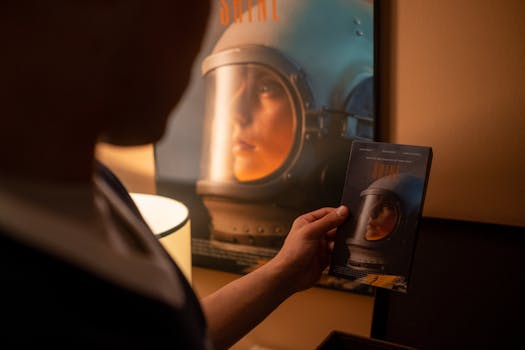 Person holding a VHS tape in front of a vintage film poster in a dimly lit room.