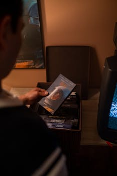A person examining vintage VHS tapes in a cozy indoor setting with a retro TV.