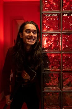 A teenager with long hair holding an axe indoors, in dramatic red lighting.