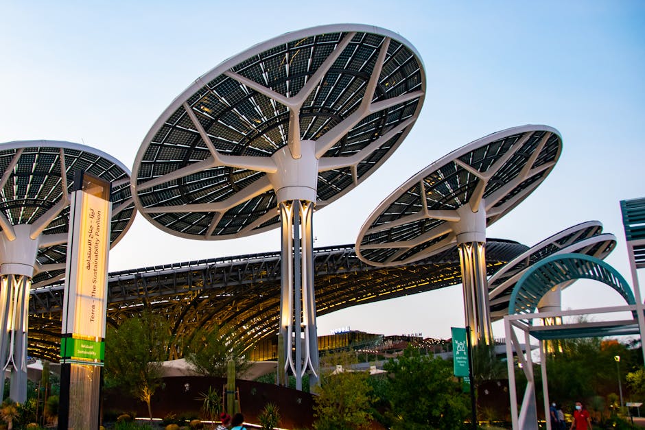 Modern solar panel structures in Dubai showcasing renewable energy innovation.
